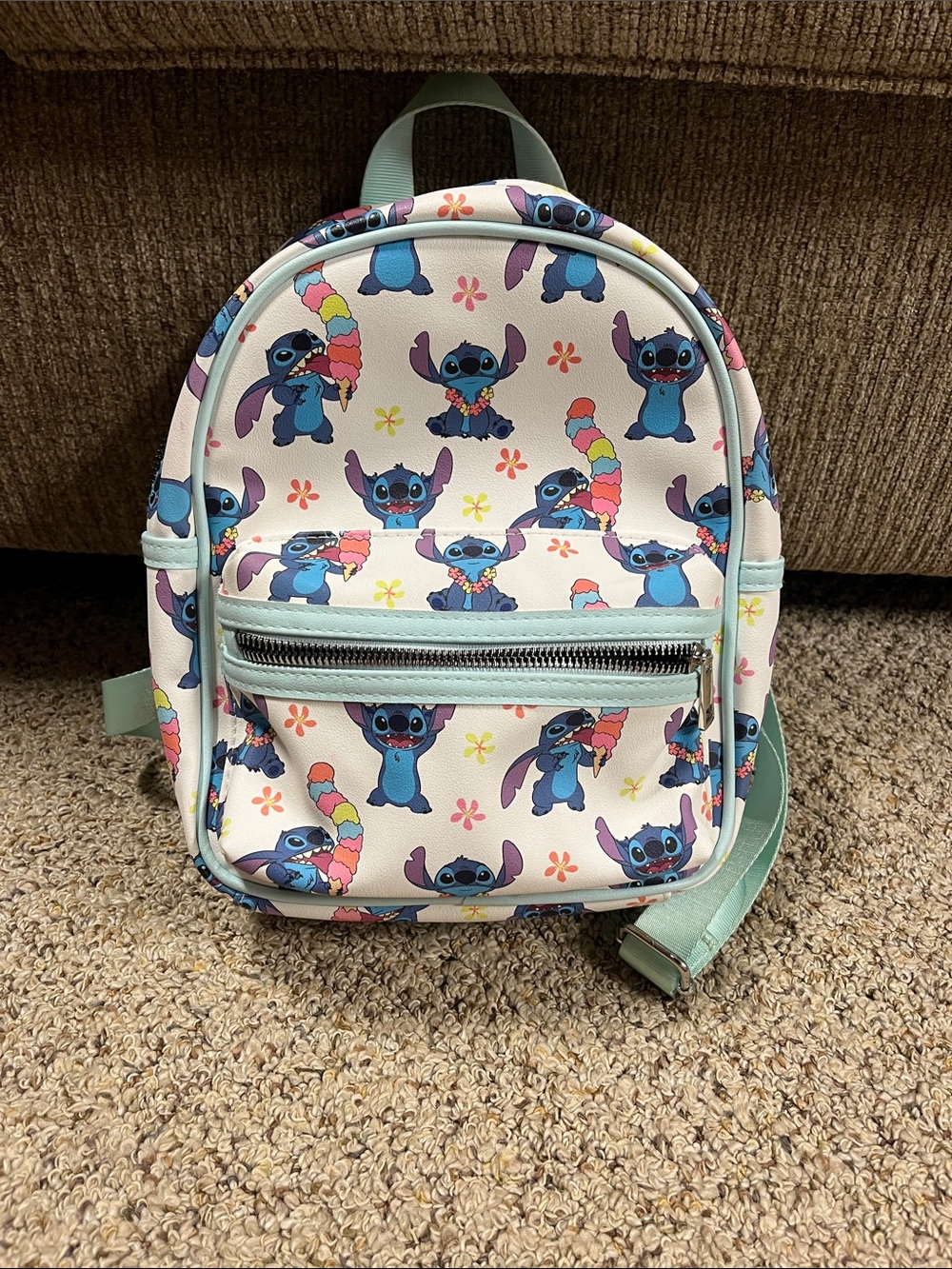 Disney Blue Stitch Print Mini Backpack with Mint Accents